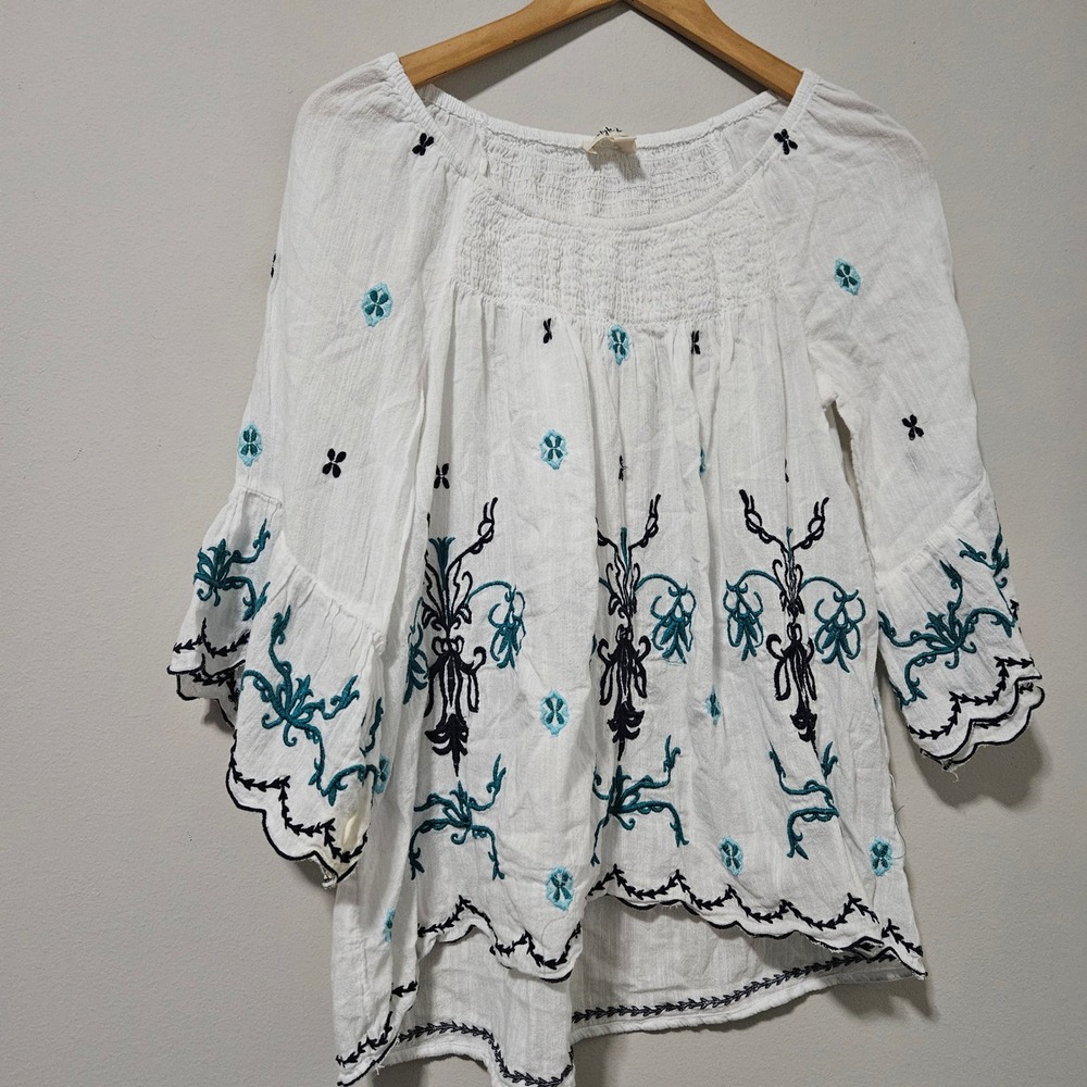 Style & Co Womens XS White Embroidered Peasant Blouse Bell Sleeveโ Cotton Top